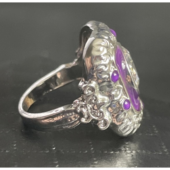 Art Deco Revival Ring Size 5.5 Solitaire Rhinestone Silver Tone Purple Enamel - Picture 4 of 13